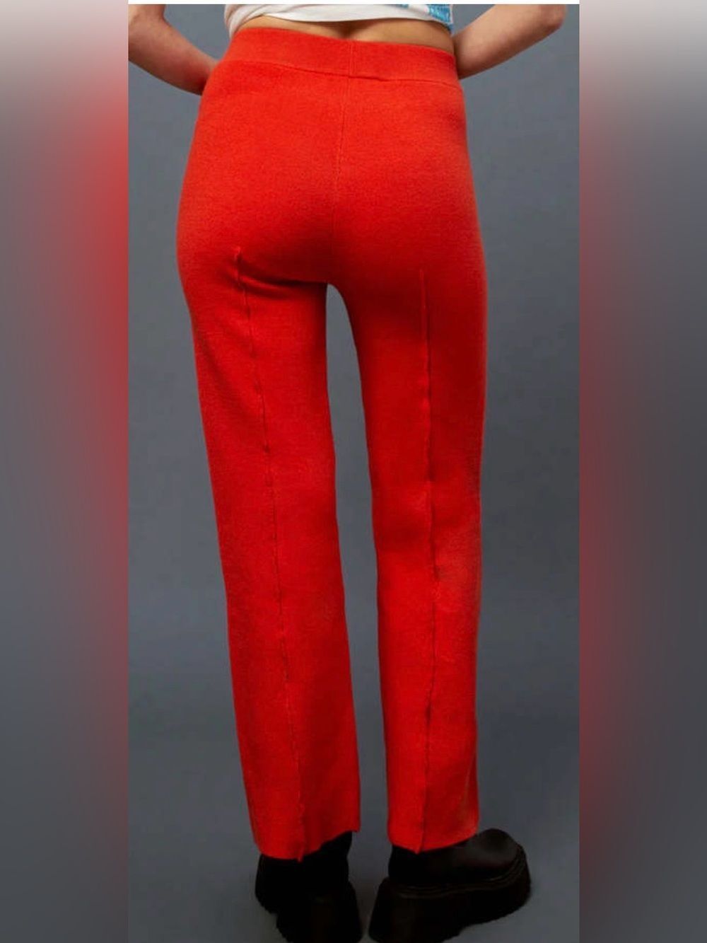 Daydreamer flare knit pintuck pants in a vibrant hot orange color. New - Picture 5 of 9